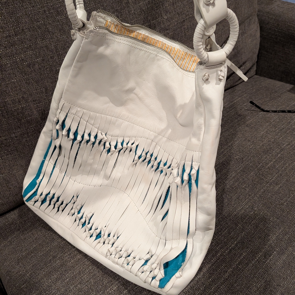 White Fringe Hobo Bag with Teal Accent - Women Bags
